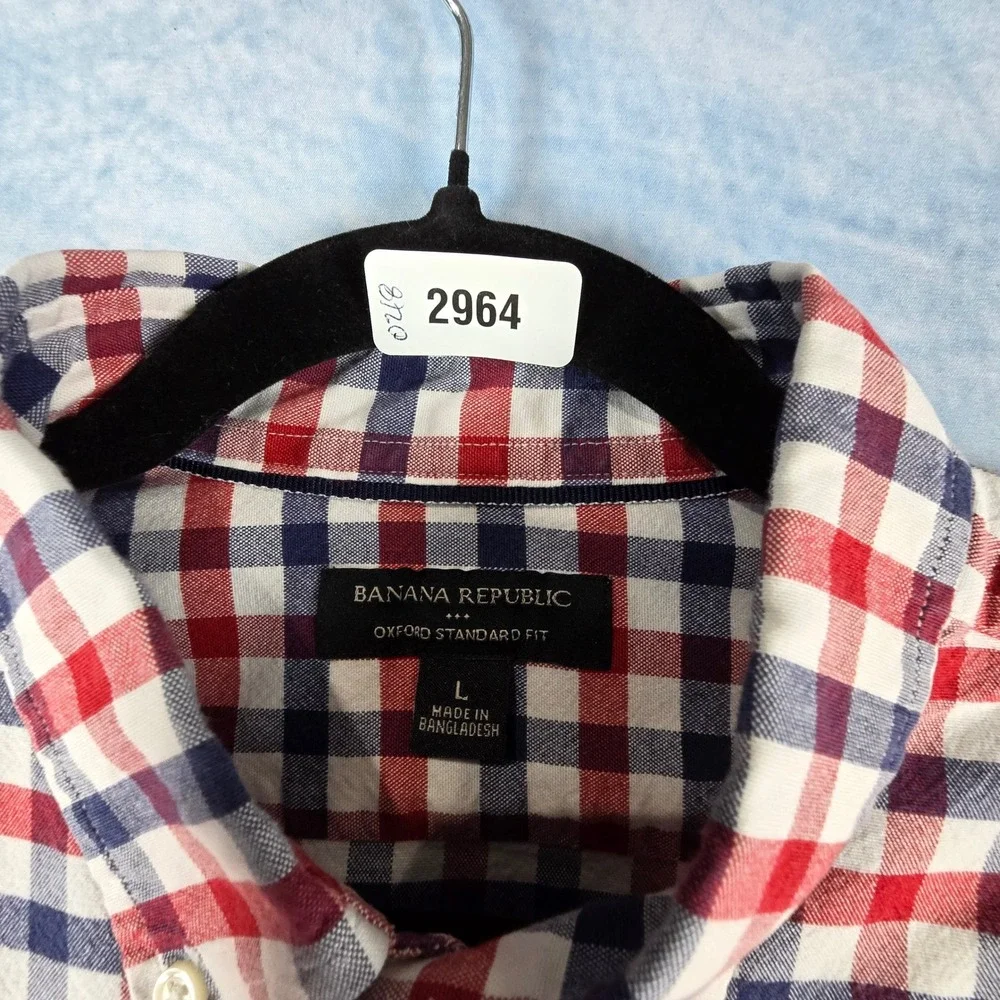 Banana Republic Mens Oxford Standard Fit Gingham Shirt Red White Blue Large